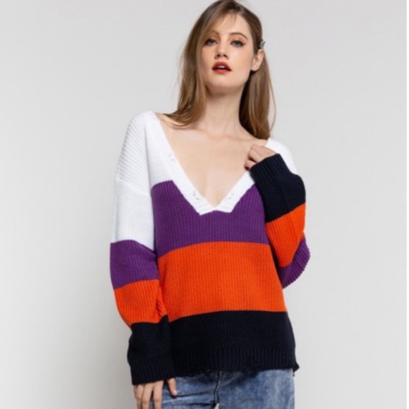 *Boutique Clearance* POL Colorblock Distressed Deep V Neck Sweater - Picture 3 of 8